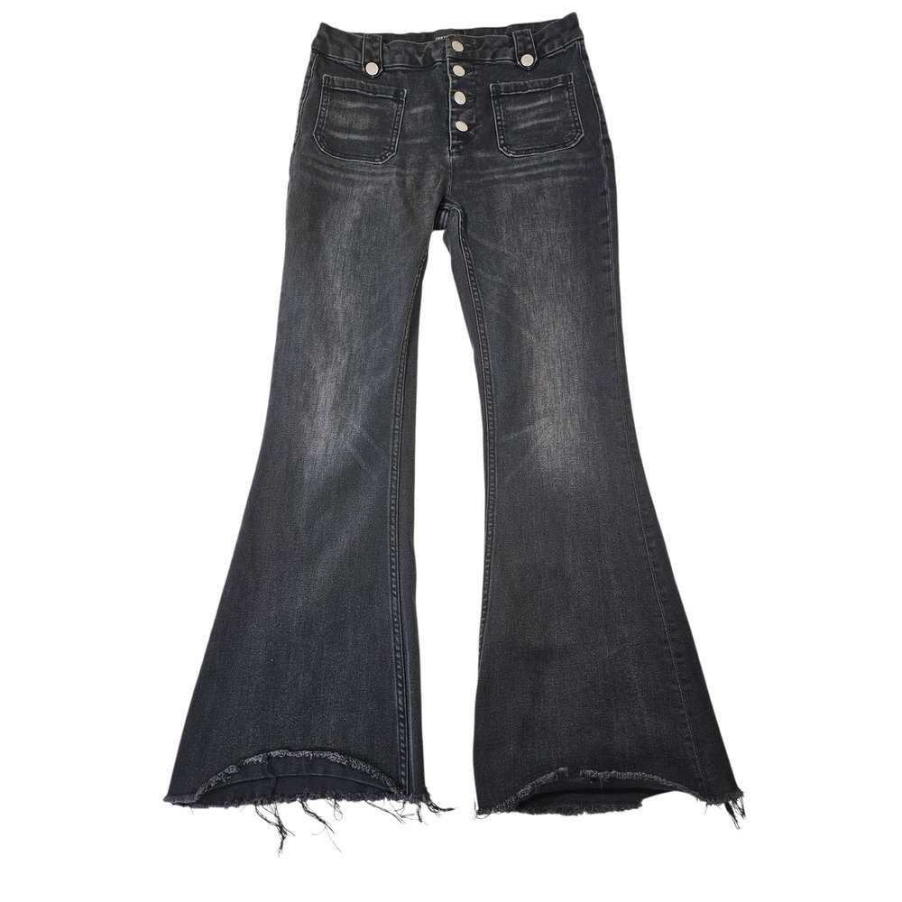 Driftwood Tess High Rise Flare 70s inspired Black Button Fly Raw Hem Size 29